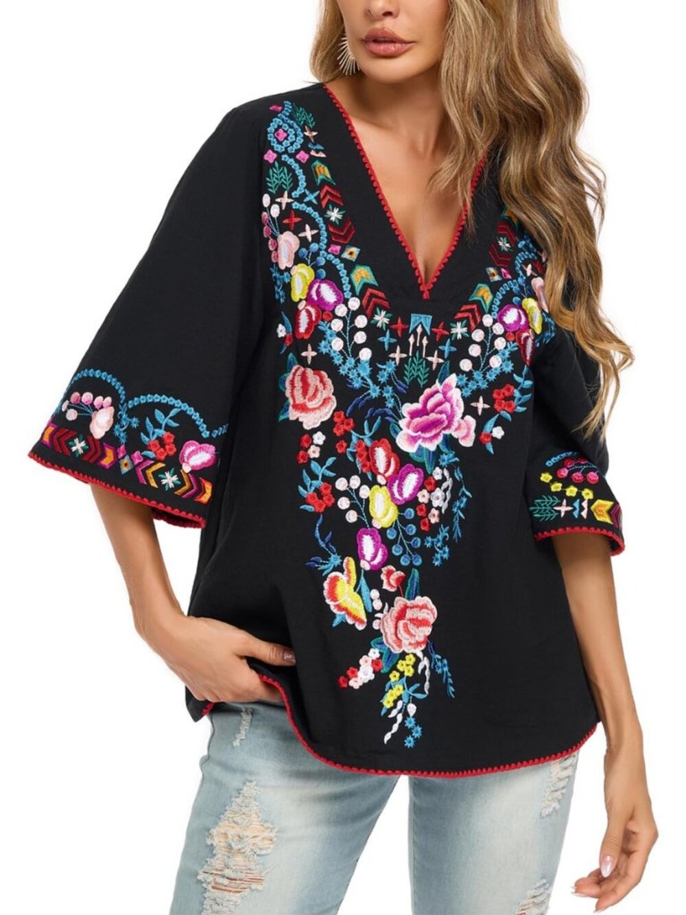 Women's Summer Peasant Blouses Mexican Shirts Boho Embroidered Tops Tunic